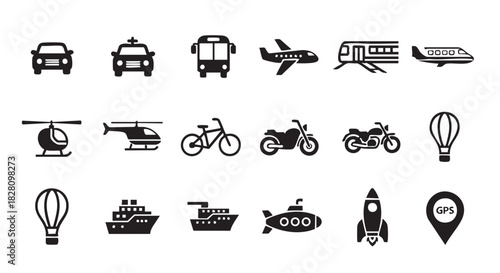 Transportation icons set depicting various modes of travel options