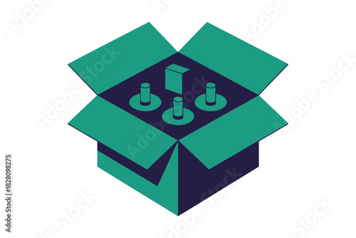 The contents of the opened box are displayed, revealing a tower structure.