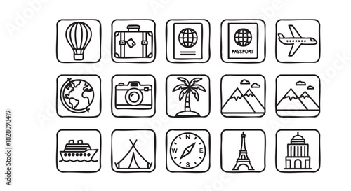 Travel doodles showing different ways to explore the world adventures awaits
