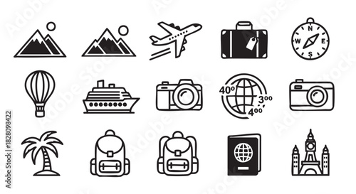 Travel icon set in black and white representing holiday vacations