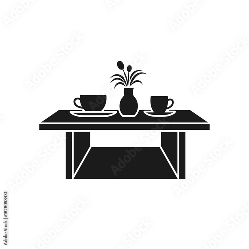 Stylish coffee table with decorative vase and cups in modern silhouette design