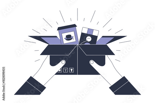 Hands holding a box containing coffee cups and a gift box with radiating lines.