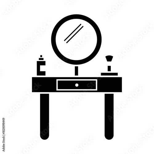 Sleek black vanity table with round mirror and cosmetics in bold silhouette design 