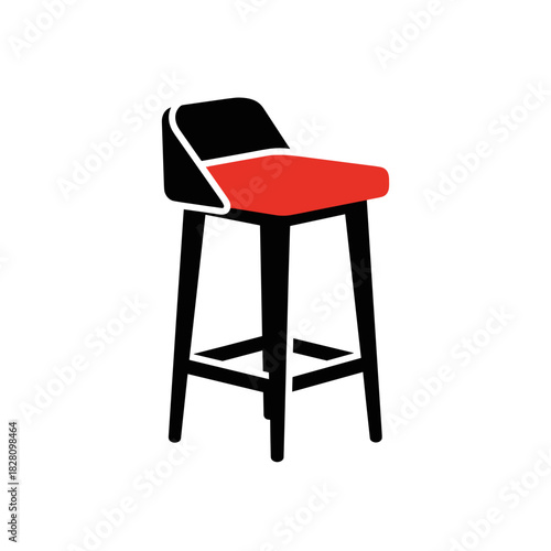 Colorful bar stool illustration with red seat and black legs in a minimalist style and copy space
