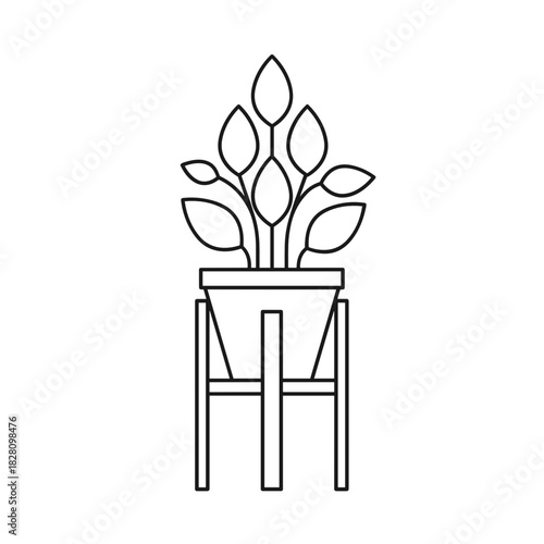 Line art plant pot illustration with leaves in a minimalist style 