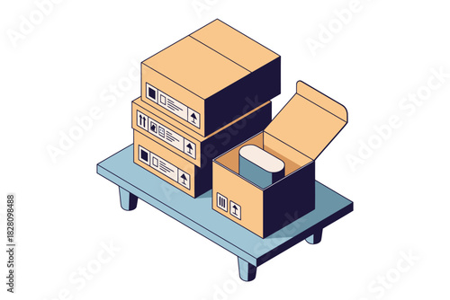 Cardboard boxes are stacked on a flatbed cart, one is open with a product inside.