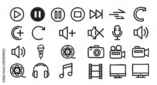 Collection of audio and video media icons in simple flat design