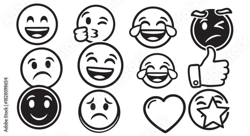Collection of assorted emoticons expressing different emotions in black and white