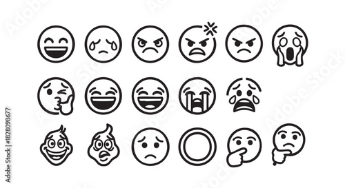 Collection of Black and White Emoji Icons Expressing Various Emotions