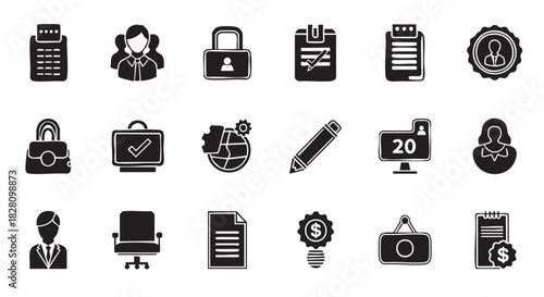 Collection of business icons including staff team work and office supplies