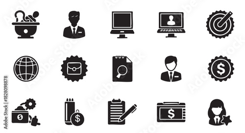 Collection of business and financial icons illustrating success and growth