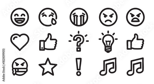 Collection of diverse emoji and social media icon outline vector illustration