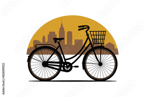 A bicycle with a basket is silhouetted against a city skyline and a large sun.