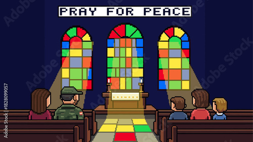 Pixel art illustration of a congregation praying for peace inside a church with a soldier, stained glass windows, and an altar, creating a hopeful and somber atmosphere