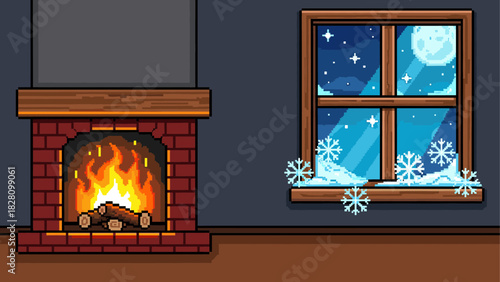 Cozy pixel art scene with a burning brick fireplace and a wooden window showing a snowy winter night with a full moon, creating a warm and relaxing atmosphere
