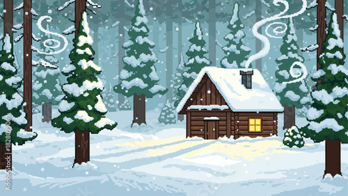 Pixel art illustration of a cozy log cabin with a glowing window and smoking chimney in a serene snowy forest during a winter snowfall