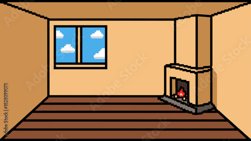 Empty pixel art room with a fireplace and a window showing a blue sky with clouds, in a cozy retro 8-bit video game style with a simple interior design