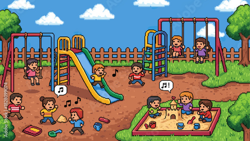 Pixel art illustration of happy children playing together in a sunny park playground with a slide, swings, and a sandbox under a blue sky
