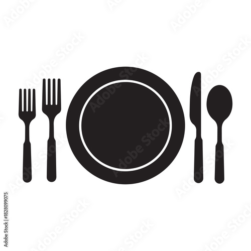 Minimalist Dining Set Icons – Plate, Fork, Knife and Spoon Symbols for Restaurant, Menu and Food Service Designs