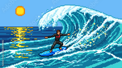 Pixel art illustration of a surfer riding a huge blue ocean wave in a retro 8-bit video game style with a bright yellow sun in the sky and reflections on the water