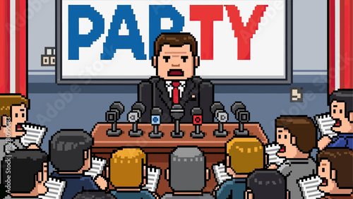 Pixel art politician giving a speech at a podium with microphones during a press conference surrounded by a crowd of shouting journalists in a retro 8-bit style