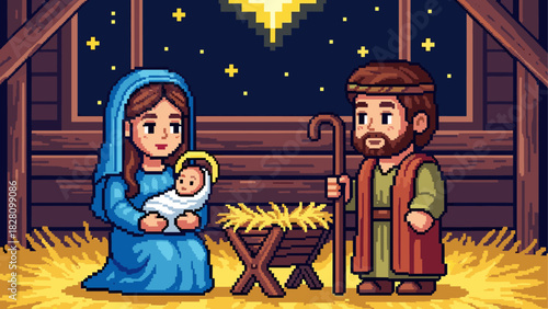 Pixel art nativity scene with Mary Joseph and baby Jesus in a manger under a bright star, created in a retro 8-bit video game style for a classic Christmas holiday theme