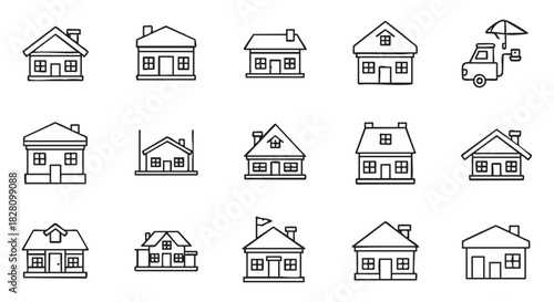 Collection of diverse house icons in simple black outline style