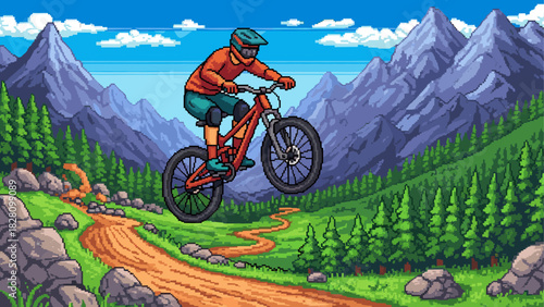 Pixel art mountain biker jumping on a bike over a dirt trail in a vibrant, retro video game style landscape with mountains and a forest