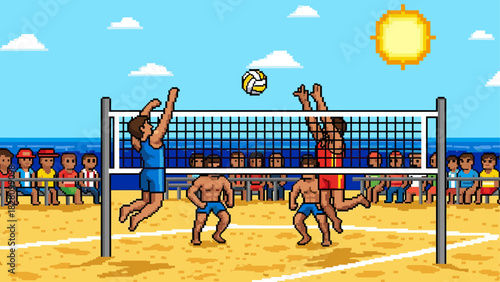 Pixel art beach volleyball game with players spiking and blocking the ball over the net on a sunny sand court in a retro 8-bit video game style with spectators watching