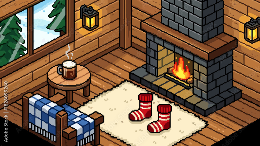 Obraz premium Cozy pixel art room interior with a warm fireplace, a steaming mug on a table, and a window looking out onto a snowy winter landscape in a retro video game style