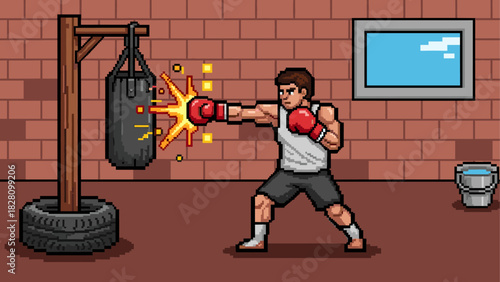 Pixel art character of a boxer punching a heavy bag with a powerful strike in a retro video game style gym with a brick wall background