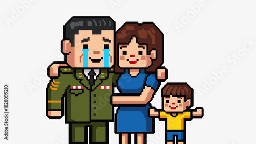 Pixel art illustration of a crying soldier reunited with his happy family, embracing his wife and son in an emotional homecoming scene isolated on a white background