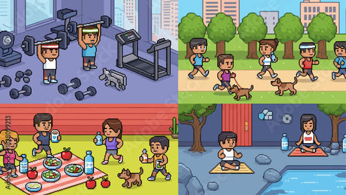 Pixel art illustration collage showing healthy lifestyle activities like gym workouts, park jogging, outdoor picnics, and yoga meditation in a vibrant 8-bit retro video game style