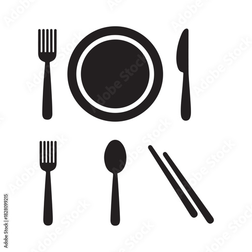 Minimalist Dining Set Icons – Plate, Fork, Knife and Spoon Symbols for Restaurant, Menu and Food Service Designs