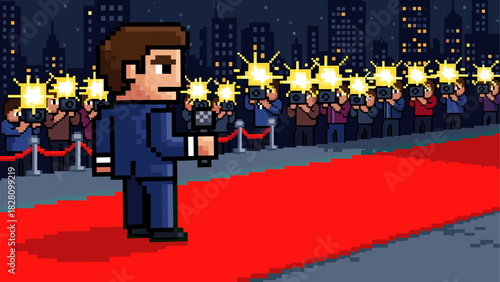 Pixel art celebrity in a blue suit walking the red carpet while paparazzi take photos with flashing cameras at a premiere event against a city skyline at night