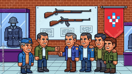 Group of male veteran friends talking and embracing inside a war history museum with exhibits of old rifles and uniforms, depicted in a retro pixel art style