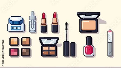 Collection of pixel art cosmetic products including lipstick, mascara, eyeshadow, and skincare items in a retro 8-bit video game style, neatly arranged on a light background