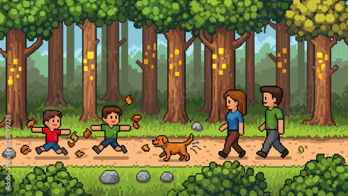 Pixel art family with two children and a dog walking on a path through a lush forest in a charming retro 8-bit video game style illustration
