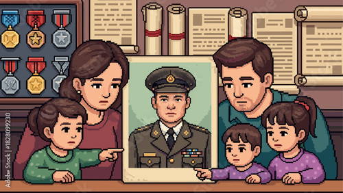 Pixel art family with children looking at a portrait of a soldier in uniform, remembering a fallen hero with medals and documents in the background