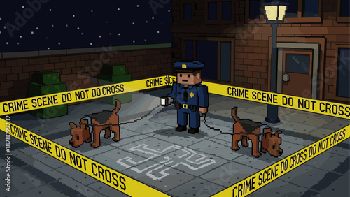 Pixel art police officer with two dogs investigating a crime scene at night with a chalk outline and yellow tape in a retro video game style