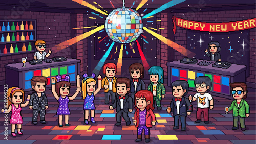 Pixel art illustration of people dancing at a New Year's Eve party under a disco ball in a retro nightclub with DJs and festive lights
