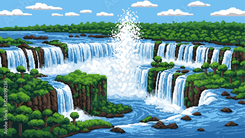 Pixel art illustration of a majestic waterfall cascading over rocky cliffs into a wide river, surrounded by a lush green forest under a clear blue sky with clouds in a retro 8-bit style