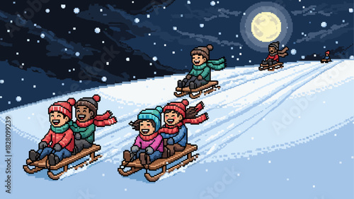 Pixel art illustration of happy children sledding on toboggans down a snowy hill at night under a bright full moon in a fun retro video game style