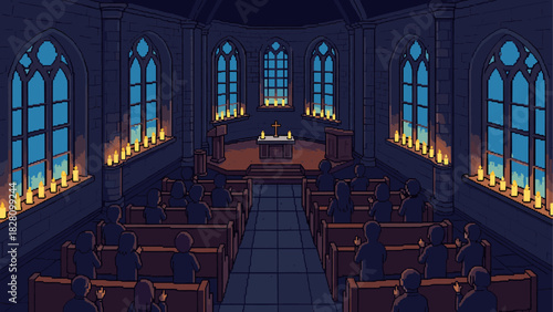 Pixel art illustration of a church interior with a congregation sitting in pews during a solemn nighttime service illuminated by warm candlelight