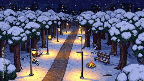 Pixel art winter park scene at night with snow-covered trees, a glowing campfire, and warm streetlights illuminating a path against a distant city skyline under a starry sky
