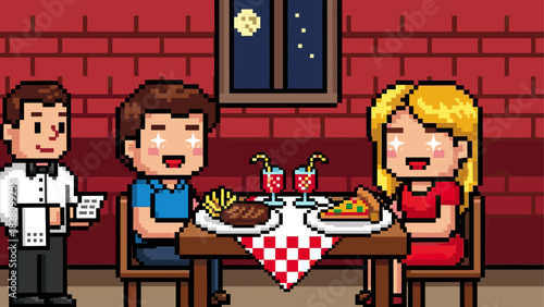 Pixel art couple having a romantic dinner at a restaurant with a waiter, steak, and pizza on the table in a retro 8-bit video game style illustration