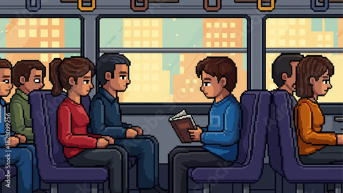 Pixel art people commuting on a bus, with one man reading a book while others sit quietly during their daily journey through the city at sunset