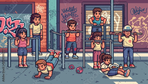 Pixel art illustration of diverse children exercising together at an outdoor urban gym with graffiti on the walls, showcasing a healthy and active lifestyle in a retro video game style