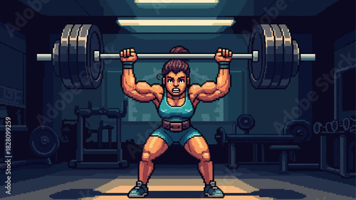 Powerful female bodybuilder with strong muscles lifting a heavy barbell overhead in a dimly lit gym, depicted in a classic 16-bit pixel art illustration style