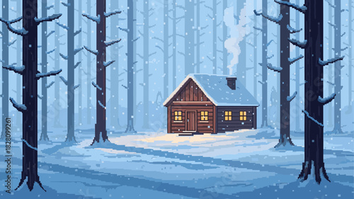 Cozy wooden log cabin with glowing windows and a smoking chimney sits peacefully in a dense, snowy winter forest during a gentle snowfall in a pixel art style